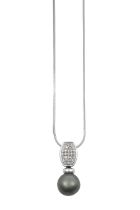 A Tahitian Cultured Pearl and Diamond Pendant on Chain the Tahitian cultured pearl surmounted by a