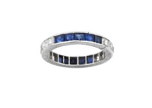 A Sapphire and Diamond Eternity Ring six square cut diamonds and five calibré cut sapphires repeat