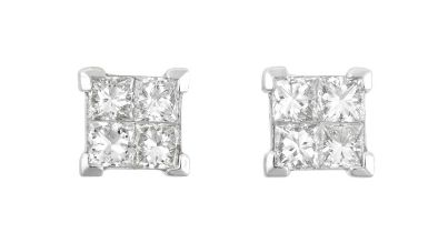 A Pair of 18 Carat White Gold Diamond Cluster Earrings four princess cut diamonds in claw