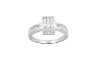 A Diamond Ring the rectangular cluster formed of eighteen princess cut diamonds, in a white rubbed