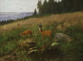 Johann Christopher Drathmann (1856-1932) German Deer in a clearing Signed, oil on canvas, 69.5cm