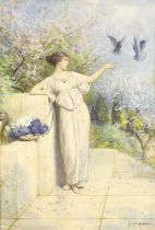 Alfred C. Weatherstone (1888-1929) Classical female figure feeding pigeons on a terrace Signed, with