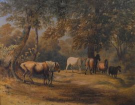 Attributed to Robert Hills OWS (1769-1844) New Forest ponies Dated 1859, watercolour, 47cm by 59cm