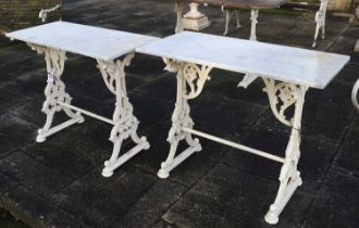 A Pair of Victorian Cast Iron and Marble Top Garden or Conservatory Tables, late 19th century,