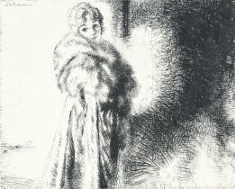 Edmund Blampied RE, RBA (1866-1966) Elegant lady, standing three quarter length, wearing a fur