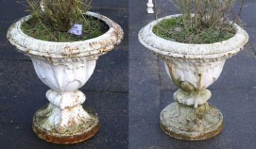 A Pair of Victorian-Style Cast Metal and Later Painted Garden Urns, 20th century, with moulded