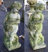 A Pair of Composition/Fibrelass Garden Figures, modelled as putto holding a cornucopia and