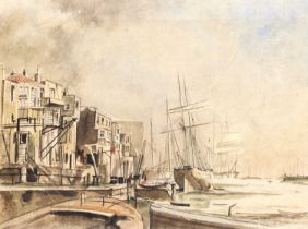 Follower of Rowland Hilder NEA, RA, RNA, RI (1905-1993) Moored tall masted ships in a harbour