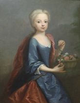 British School (18th Century) Portrait of a young girl, three quarter length standing, with a basket