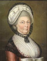 British School (18th/19th century) Portrait of a lady, half length, wearing a white bonnet tied with