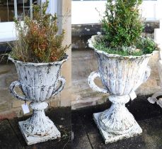 A Pair of Victorian Cast Metal Twin-Handled Garden Urns, late 19th/early 20th century, repainted