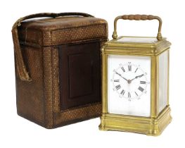 A Brass Striking Carriage Clock, signed Henri Jacot, circa 1890, carrying handle, underside of the