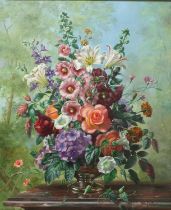 Albert Williams (1922-2010) An exuberant arrangement of Hollyhocks, Lilies, Delphiniums, Roses and