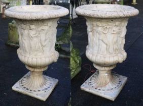 A Pair of Reproduction Composition Stone Campana Garden Urns, with egg and dart borders, the