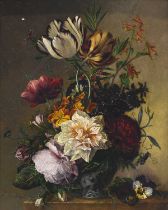 Follower of Jan van Os (1744-1808) Dutch Still life of variegated Tulips, Hyacinths, Roses and other