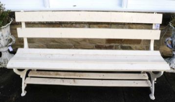 A Victorian Cast Iron Garden Bench, late 19th century, repainted cream, with slatted wooden back