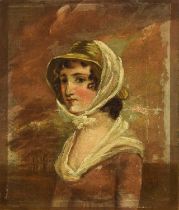 English School (c.1800) Portrait of a girl in a bonnet, head and shoulders, before a landscape Oil