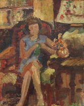 Owen Bowen ROI, PRCamA (1873-1967) Lady seated in an armchair Signed, oil on panel, 40cm by 31.5cm