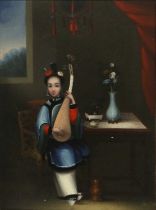 Chinese School (19th/20th Century) Young lady in an interior playing a stringed instrument Young