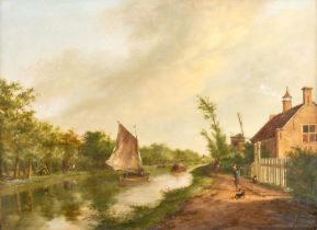 Attributed to Karel La Fargue (1738-1793) Dutch Canal scene with sailed barge, other shipping