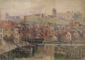 British School (20th Century) Angel Vaults, Whitby Harbour Mixed media, 34.5cm by 50cm