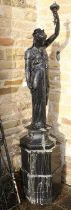 A Late 19th/Early 20th Century Black-Painted Spelter Figural Lamp, as a classical maiden with arm