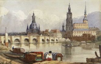 Continental School (19th Century) View of The Frauenkirche, Dresden, across the Elbe Watercolour,