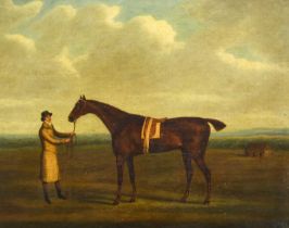 Follower of Harry Hall (c.1814-1882) Horse and groom standing in an extensive landscape Oil on