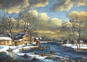 Dutch School (c.1820) Snowbound river landscape with figures skating and loading vessels Gouache,