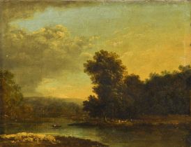 Circle of Richard Wilson RA (1714-1782) A tranquil river landscape Oil on canvas, 24.5cm by 32cm (
