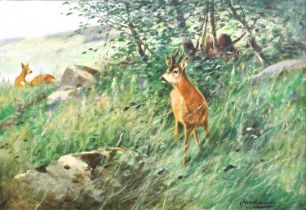 Johann Christopher Drathmann (1856-1932) German Deer at the edge of woodland Signed, oil on