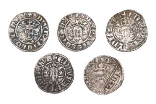 5x Edward I Hammered Long Cross Pennies, comprising; (3x) bi-foliate crown pennies, all London