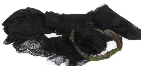 Early 20th Century Lace, comprising a large black cotton lace decorative shawl within a scallop