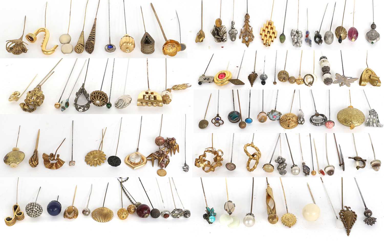 Assorted Early 20th Century Decorative Hat Pins in gilt metal, silvered metals, mounted with