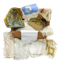 Assorted Linen and Textiles comprising damask table cloths, napkins, some embroidered, lace and