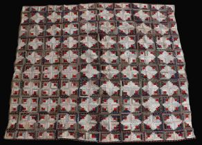 19th Century Patchwork Bed Cover in Log Cabin Pattern, incorporating turkey red floral and striped