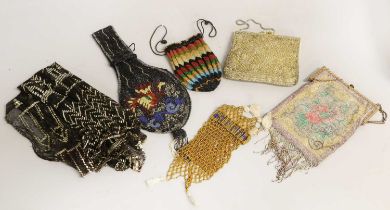 Early 20th Century Evening Bags comprising a floral metallic bead bag with decorative hinged mount