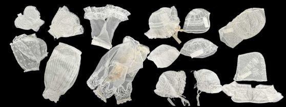 Early 19th Century Whitework Costume Accessories, comprising eight baby bonnets in white cotton lawn