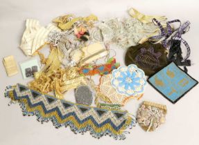 Early 20th Century Bead Work Items, comprising a small blue and amber bead small panel 'Except the