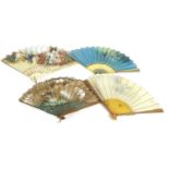 Late 19th Century/Early 20th Century Fans comprising a bone fan with pierced and gilt decorated