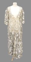 Early 20th Century Lace Dress, with v-neckline, short sleeves, worked overall with decorative floral