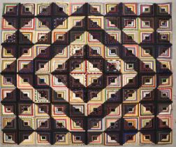 A 19th Century Silk Patchwork Cover, worked in the log cabin design incorporating coloured and woven