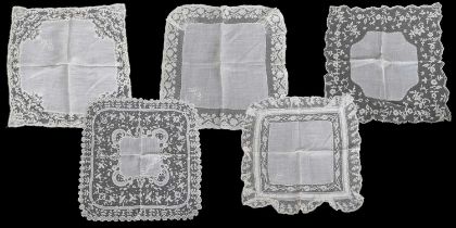 Five Late 19th Century Decorative Handkerchieves with embroidered and lace insertions and trims,