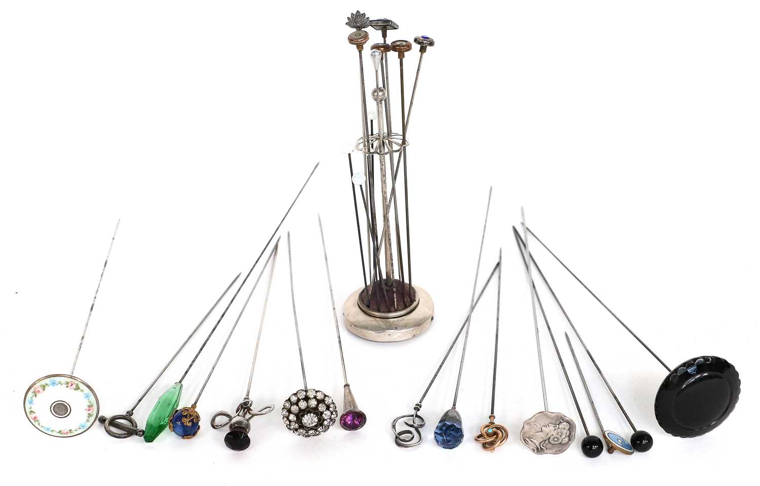 Silver Hat Pin Stand and Various Decorative Hat Pins, comprising a 'swirl' hat pin set with