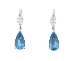 A Pair of Aquamarine and Diamond Drop Earrings the pear cut aquamarine surmounted by a marquise