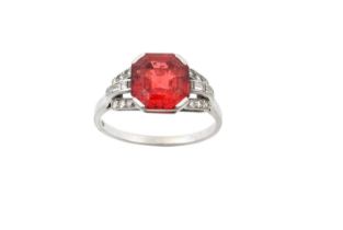 An Art Deco Red Spinel and Diamond Ring the square emerald-cut red spinel in a white claw setting,