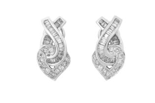 A Diamond Pendant on Chain and A Pair of Diamond Earrings the pendant formed as a ribbon motif,