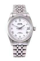 Tudor: A Stainless Steel Mid-Size Automatic Calendar Centre Seconds Wristwatch, signed Tudor, model: