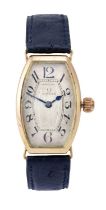 Omega: A Rare Tonneau Shaped 14 Carat Gold Wristwatch, signed Omega, 1920's, lever movement signed