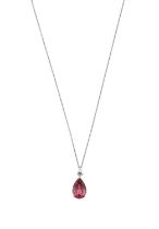 A Pink Tourmaline and Diamond Pendant on Chain the pear cut pink tourmaline in a rose claw